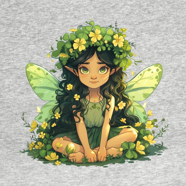 Cute Saint Patrick's Day Fairy sitting in four leaf clovers shamrocks and flowers happy St. Patricks Day by Tees 4 Thee